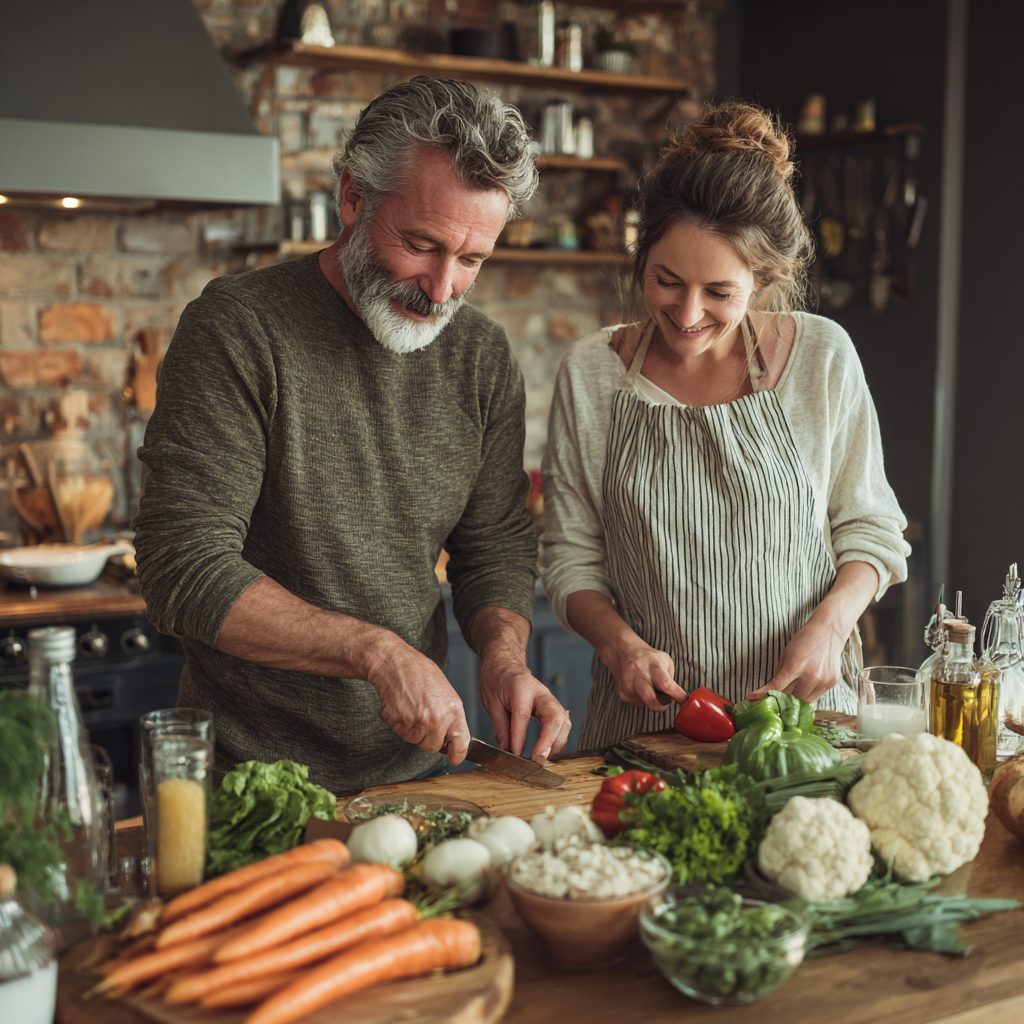 Middle-aged adults preparing fresh vegetables in modern kitchen, planning meals together